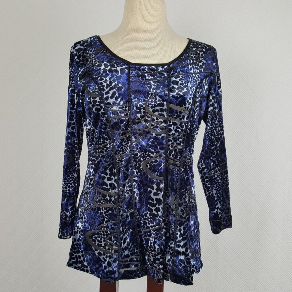 Dress Barn Women's LS Pullover Blouse Top Blue Black Animal Print Size Large